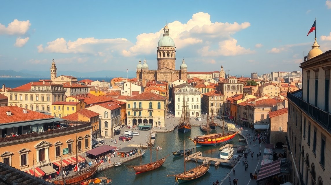 Genova város panorámája, hajók a kikötőben, történelmi épületek.