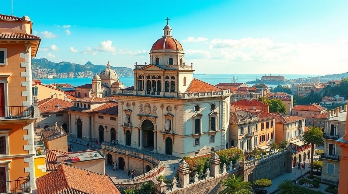 Genova városának panorámája az építészeti látnivalókkal.