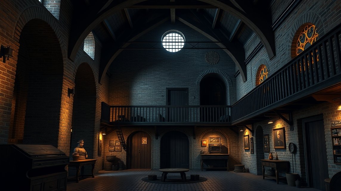 A Gevangenpoort börtönmúzeum belső tere középkori stílusban.