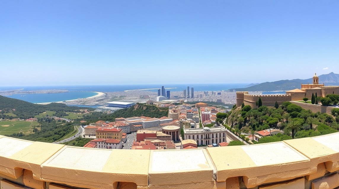 Kilátás Malaga városára és a Gibralfaro várra a napfényben.