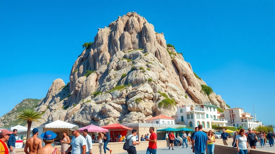 Gibraltár Majmok Sziklájának látványa turisták között.