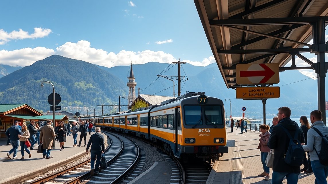 A GoldenPass Expressz vonat és a Luzerni vasútállomás panorámája
