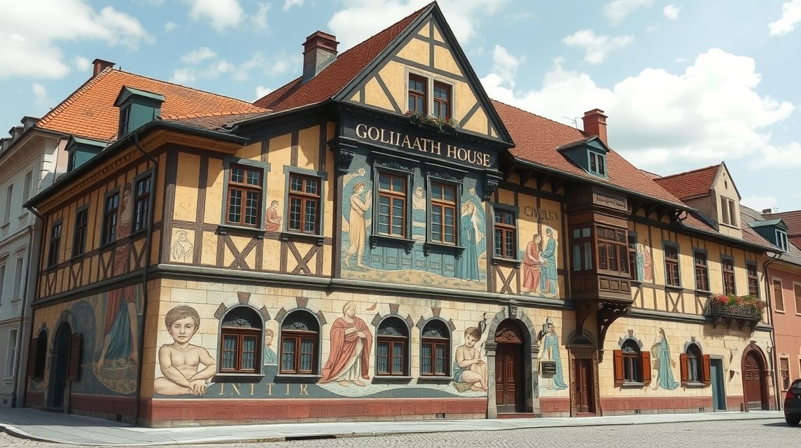 Regensburg látnivalók - A Goliath-ház falfestménye 1 A Goliath-ház falfestménye Regensburgban, Németországban.