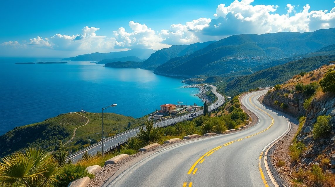 Festői útvonal Chalkidikiben, Görögország tengerpartján és hegyvidékén.