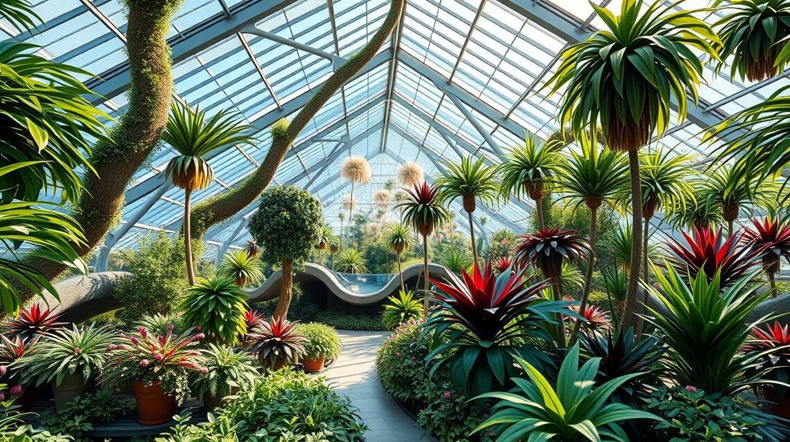 A Graz Botanikus Kert modern üvegházában található egzotikus növények.
