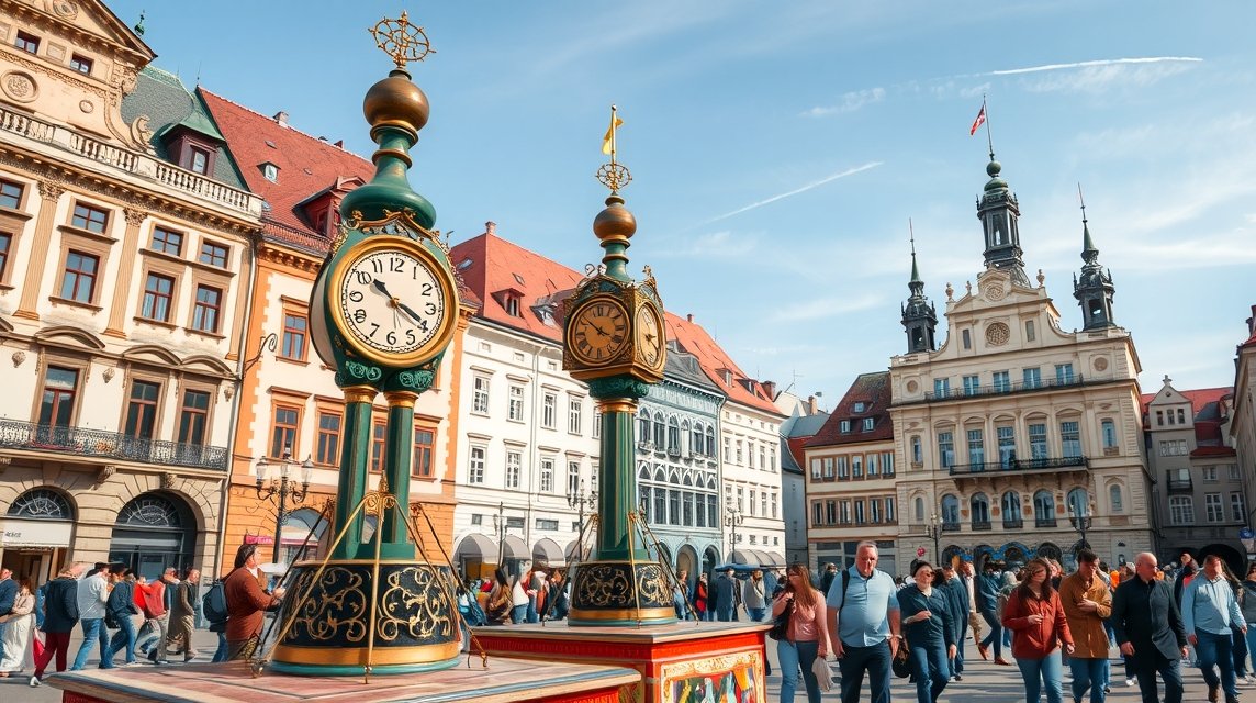 Graz Harangjáték tér - óra és városi élet