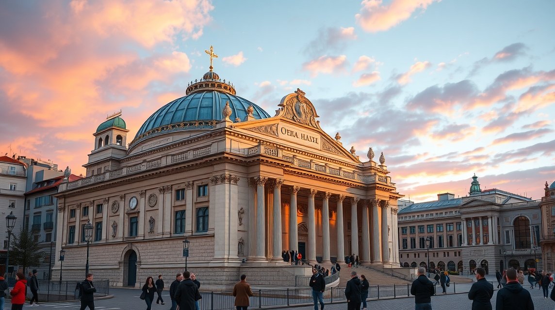 A Grazi Operaház lenyűgöző épülete a naplementében, Graz városában.