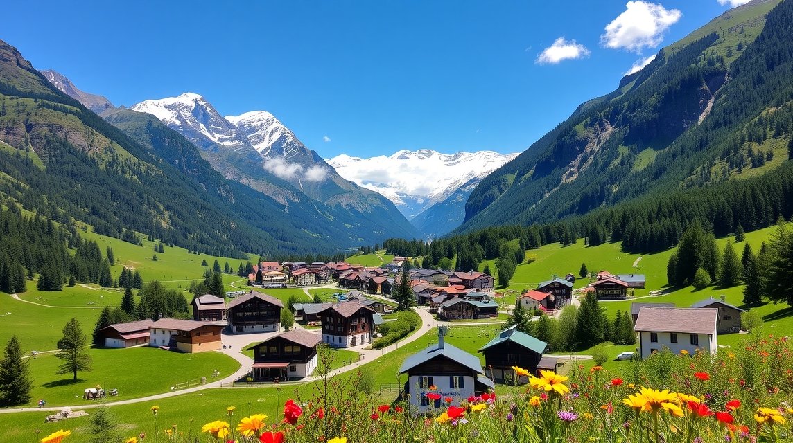 Grindelwald gyönyörű hegyi tája virágokkal és falvakkal