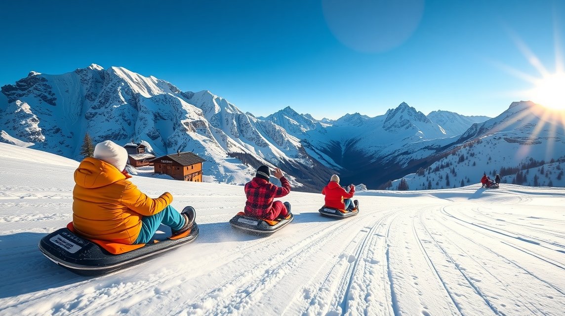 Szánkózás az alpesi tájon Grindelwald közelében, lenyűgöző hegykép háttérrel.
