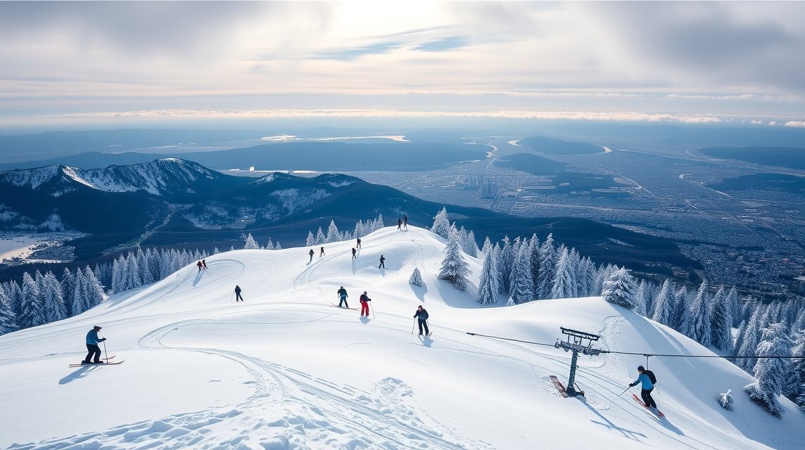 Síelők a Grouse Mountain havazós lejtőjén, lélegzetelállító kilátás Vancouverre