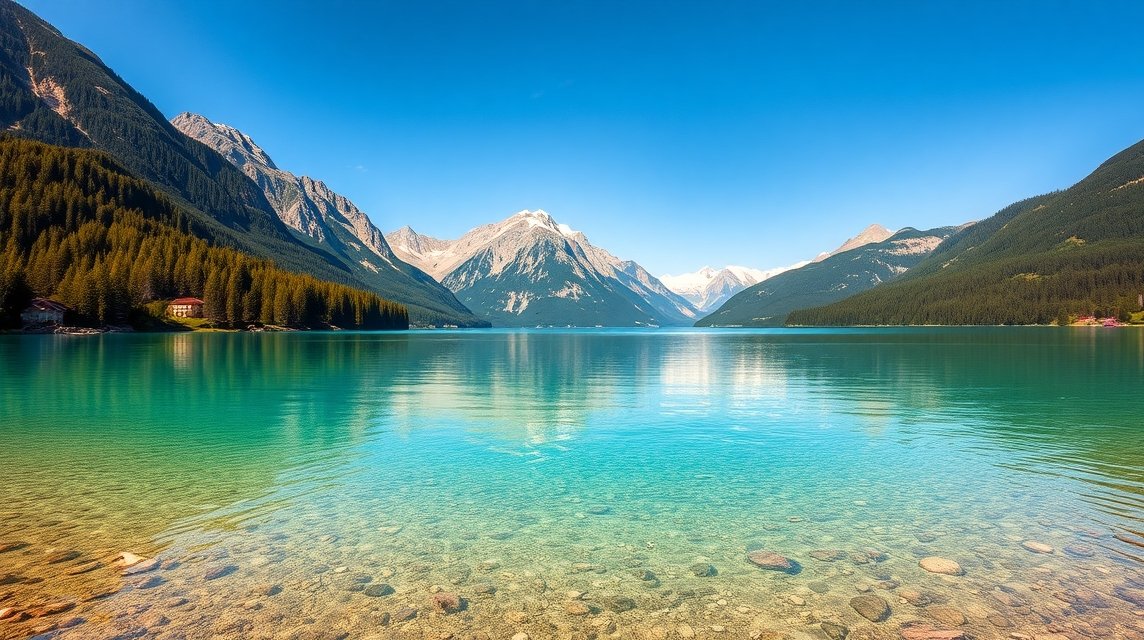 Kristálytiszta Zöld-tó Stájerországban, alpesi panorámával.