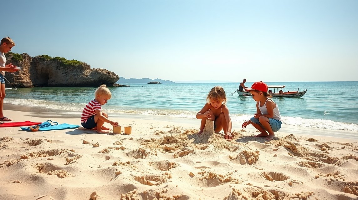 Gyerekek a homokban játszanak egy olasz tengerparton.