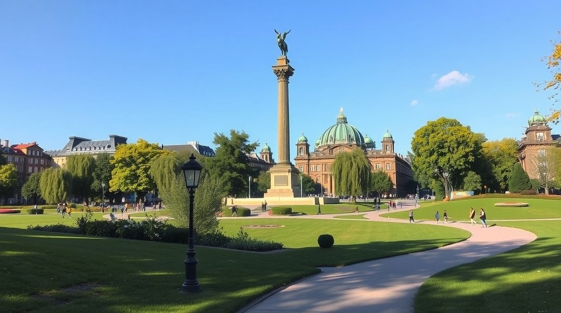 A Győzelmi oszlop a berlini Tiergarten parkban, zöldellő fákkal körülvéve.