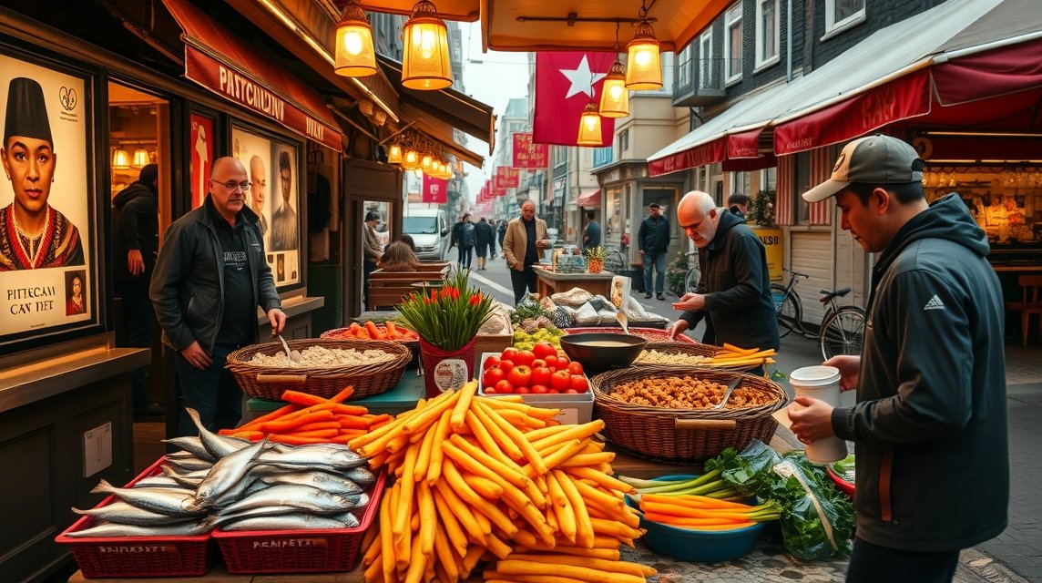 Friss nyers hering és zöldségek piaca Hágában, indonéz ízekkel.