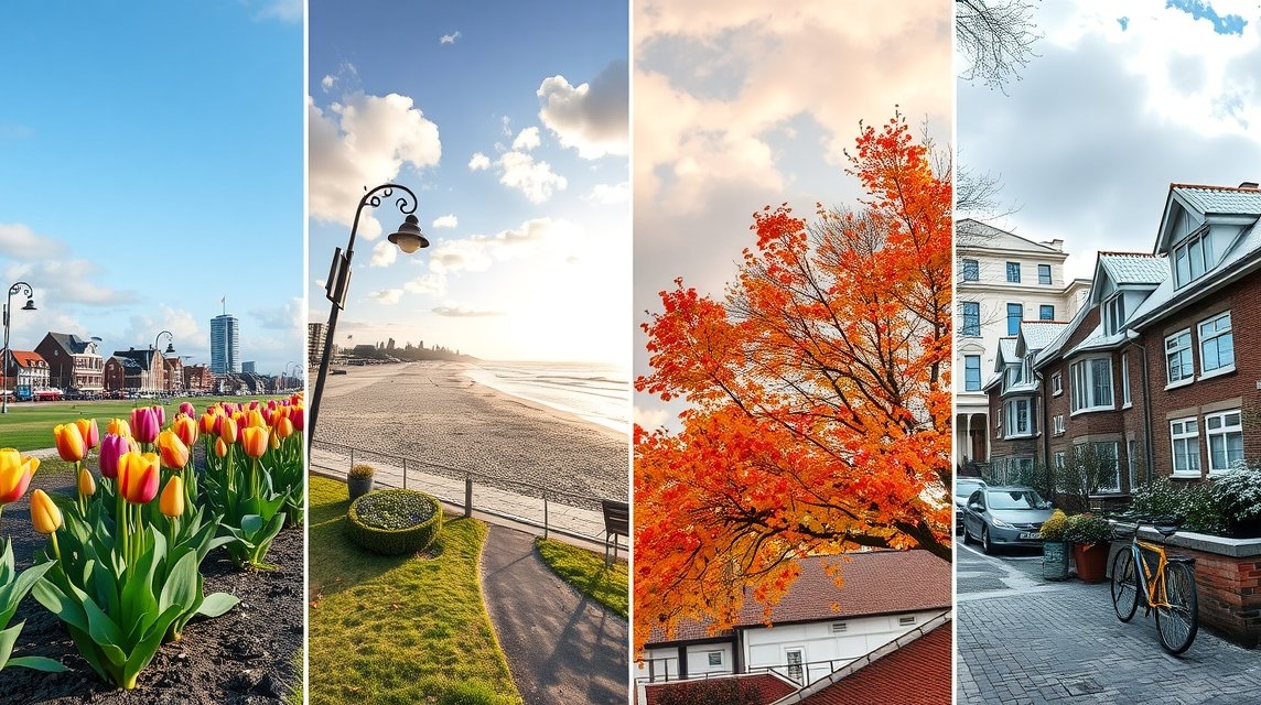 A Hága városának különböző évszakai: tavaszi tulipánok, nyári tengerpart, őszi falevelek és városi jellegzetességek.