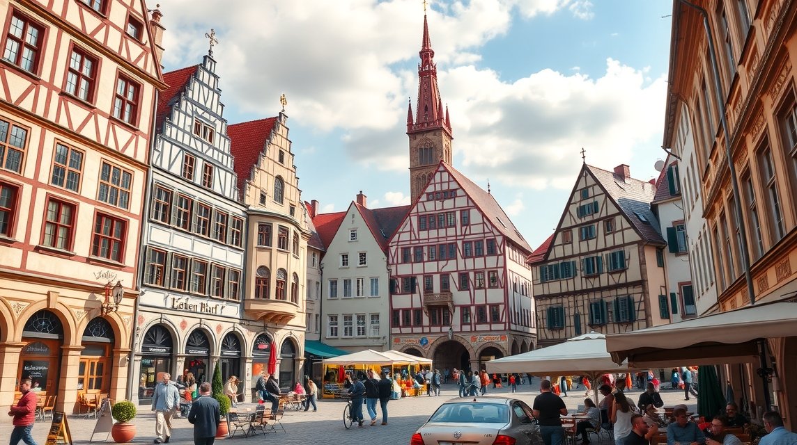Haidplatz, Regensburg történelmi tere színes épületekkel