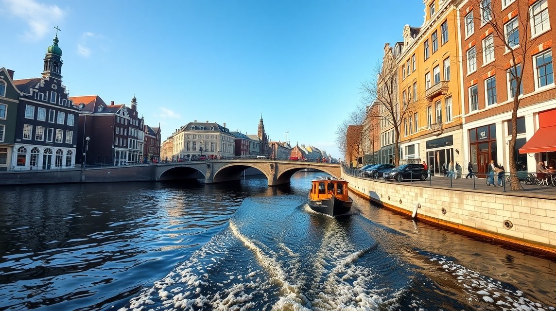 Hajó a Grachtengordel csatornáján Amszterdamban, gyönyörű házak mellett.