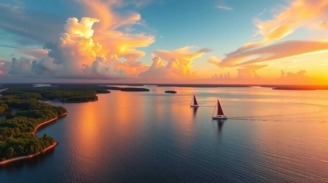 Naplemente a Norman-tavon, hajók a vízen.