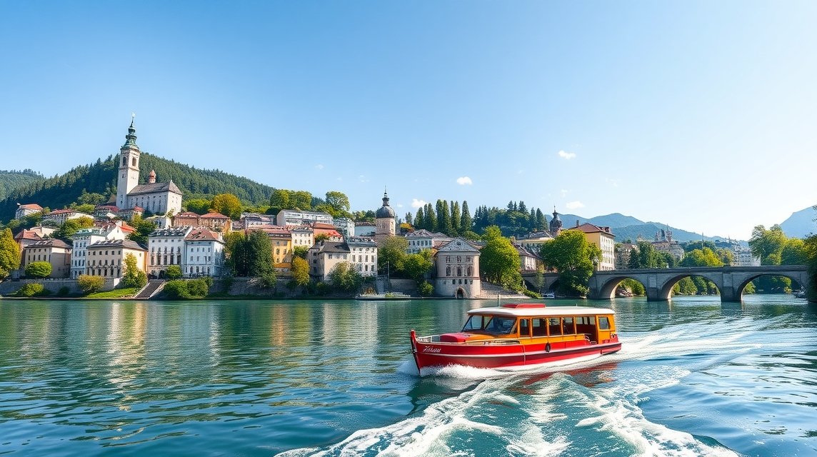 Hajókázás a Salzach folyón Salzburgban csodás panorámával.