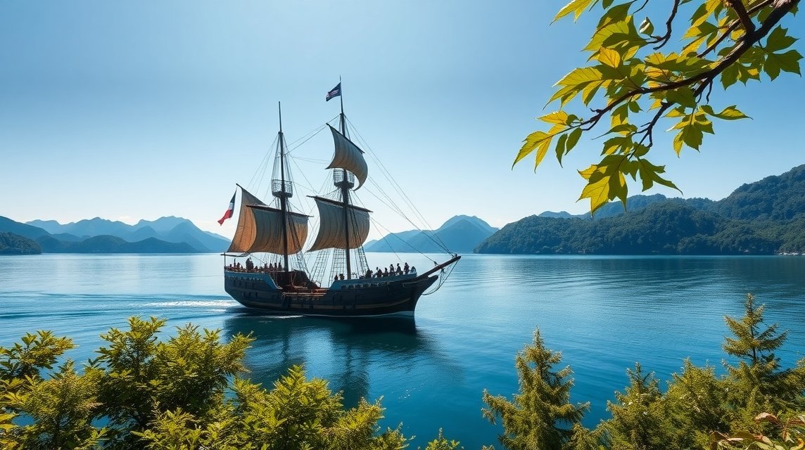 Kalózhajó az Ashi-tavon Hakone közelében, gyönyörű hegyi háttérrel