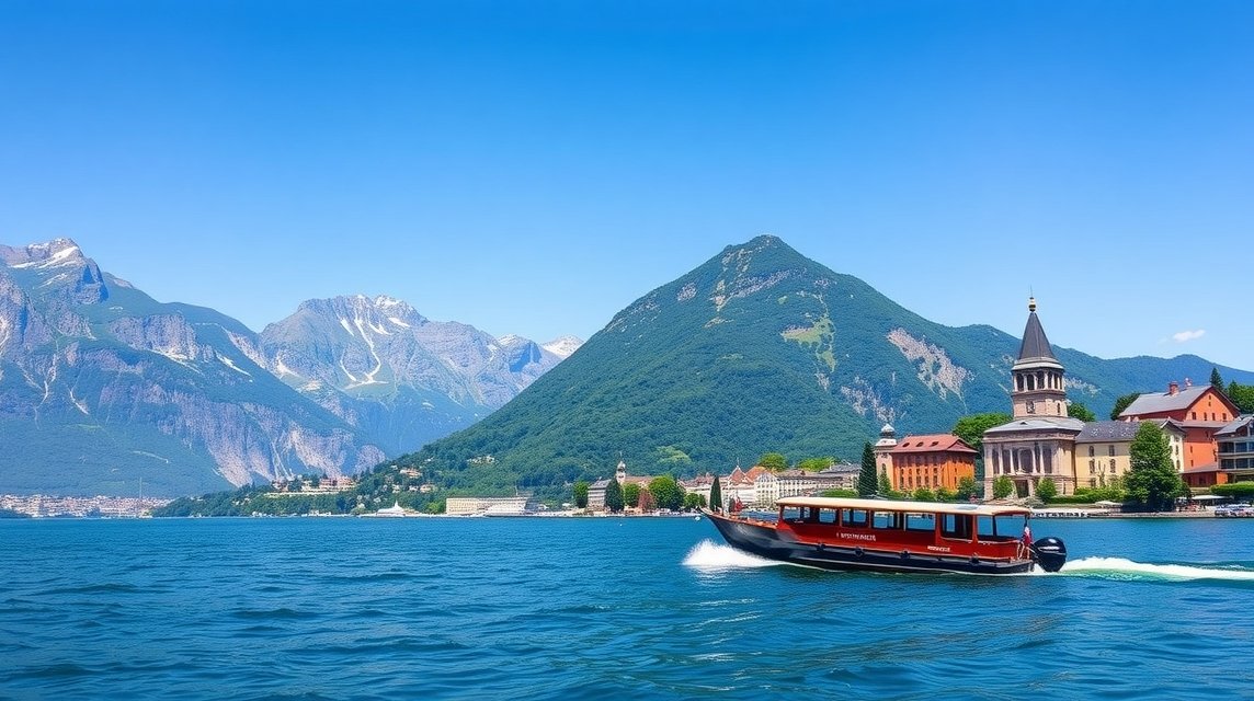 Hajó a Vierwaldstätti-tavon, Svájc, gyönyörű hegyek háttérben.