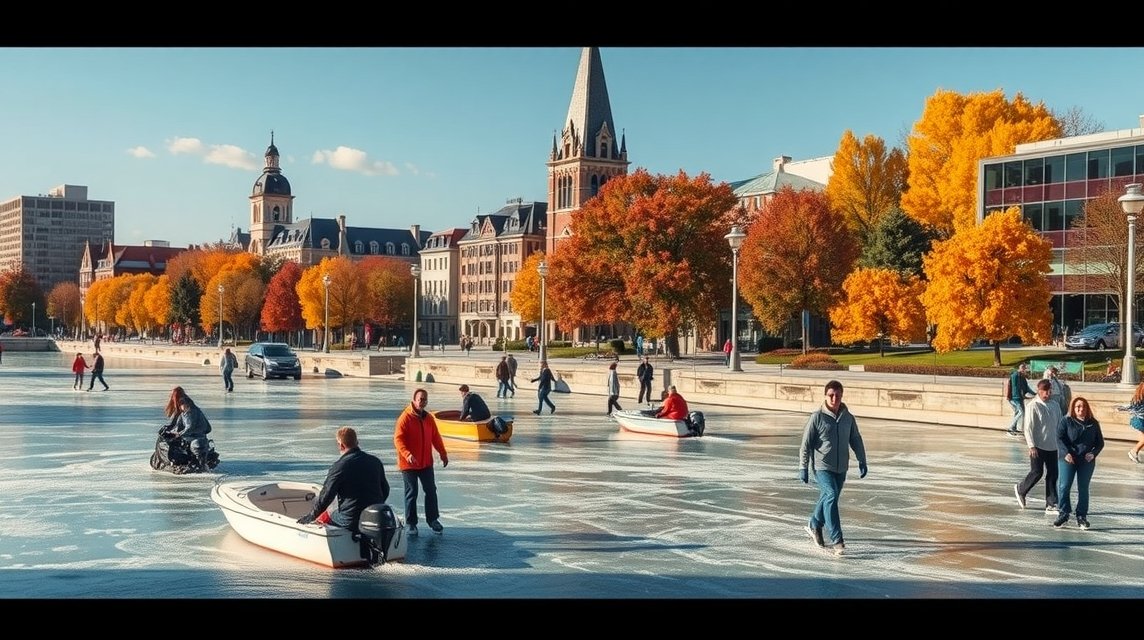Korcsolyázók és csónakázók az Ottawa Rideau-csatornán ősszel