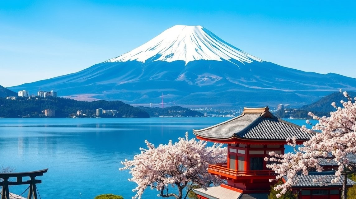 A Fudzsi-hegy és sakura virágzás Hakone városában, Japánban.