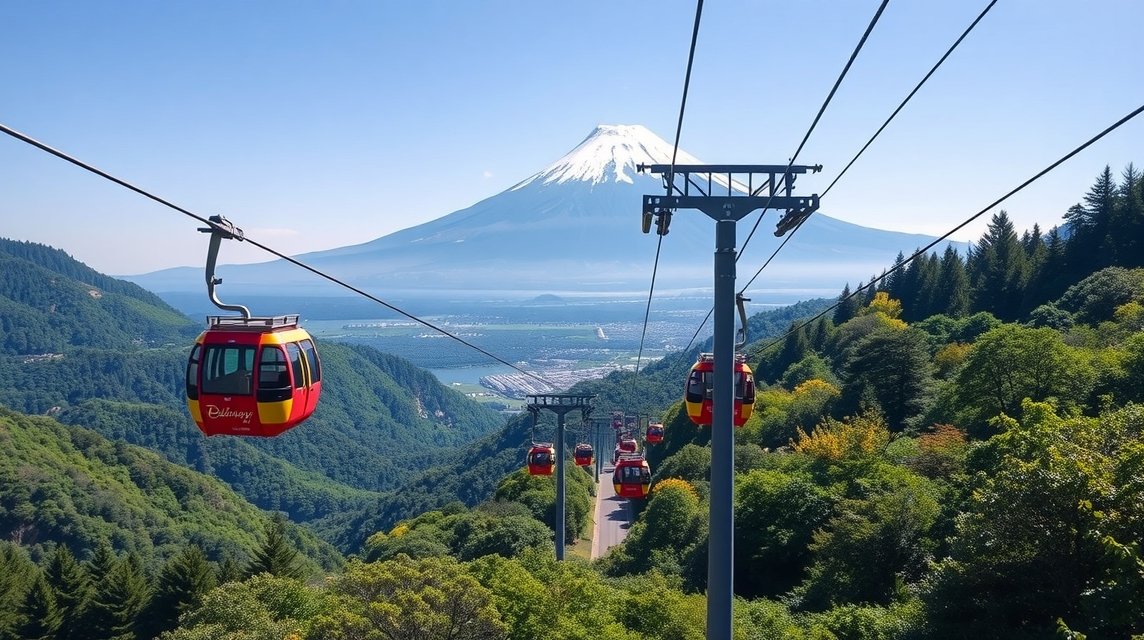 Hakone látnivalók - A Hakone kötélpálya (Ropeway) és a kilátás 1 Hakone kötélpálya a Fuji hegyével a háttérben Japánban