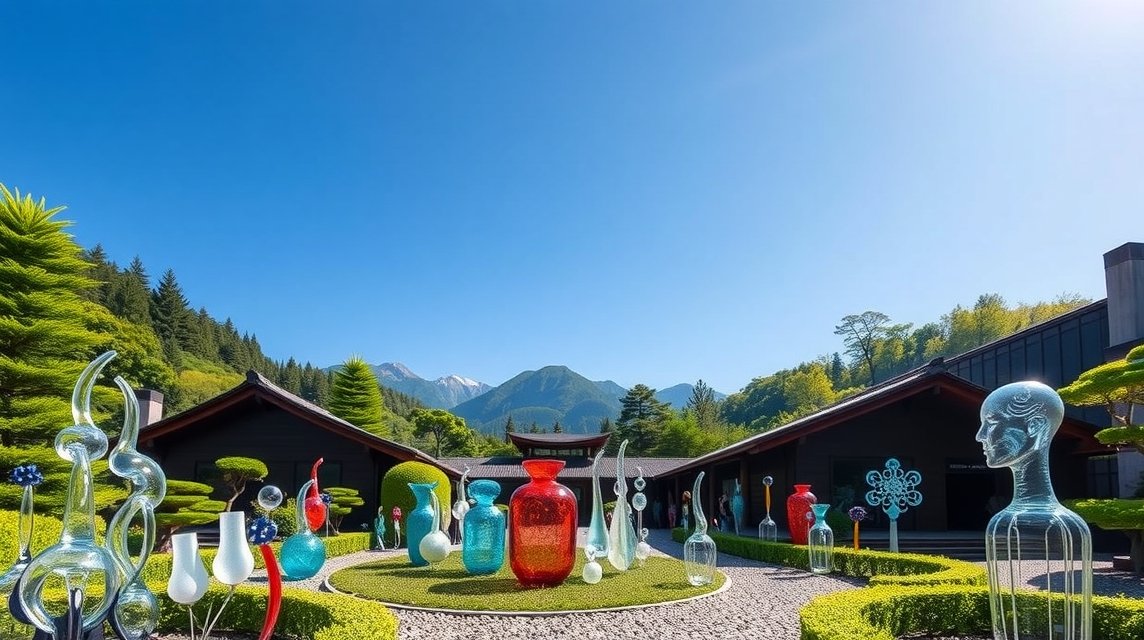Hakone látnivalók - A Hakone Üvegművészeti Múzeum (Glass Forest) 1 Hakone Üvegművészeti Múzeum üveginstallációk és hegyi panoráma.