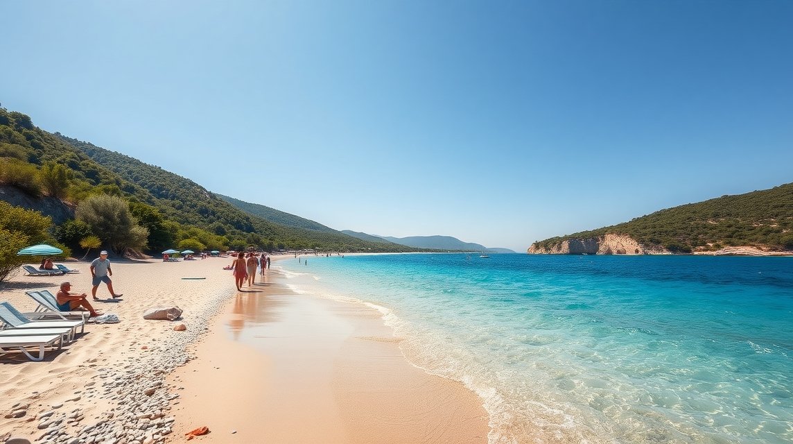 Homokos tengerpart Halkidiki gyönyörű tájával és kristálytiszta vízével.