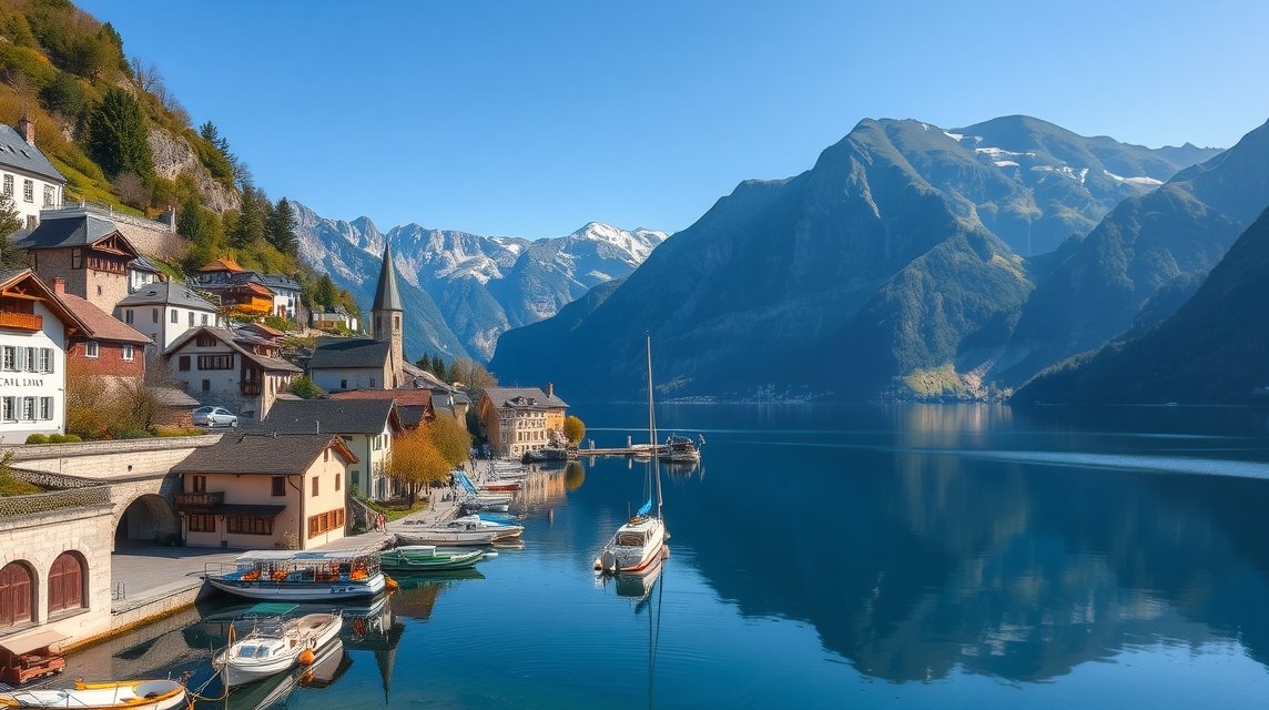 Hallstatt festői tavi panoráma és hegyek Ausztriában
