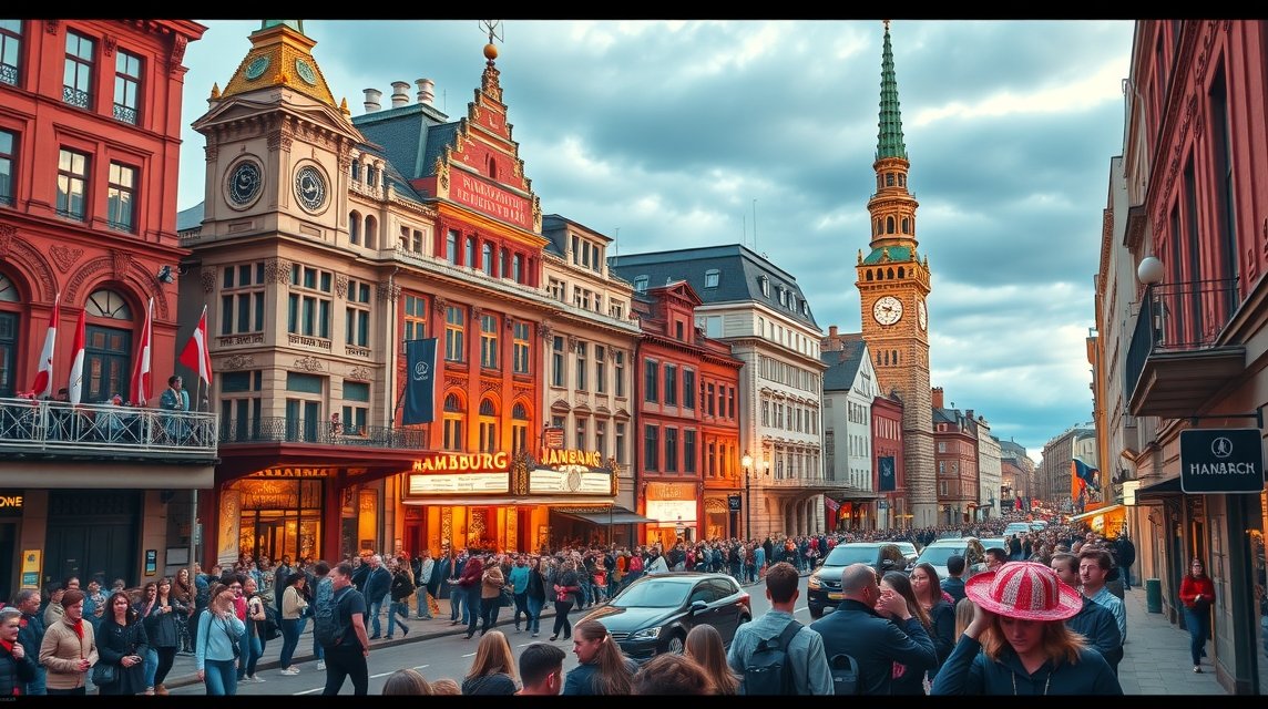 Hamburg városkép, színháznegyed és pezsgő utcai élet