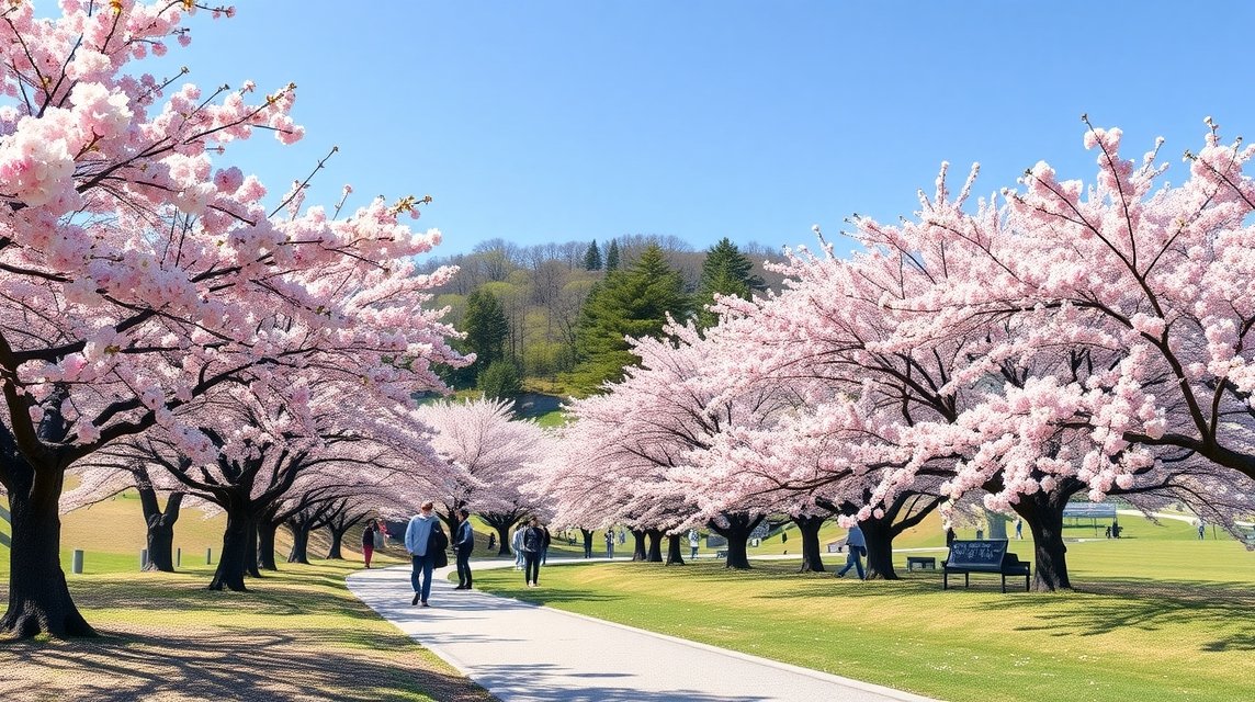 Fukusima tavaszi virágzás a Hanamiyama parkban cseresznyefákkal