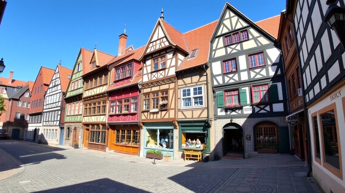 Hannover Óvárosának színes favázas házai macskaköves utcán.