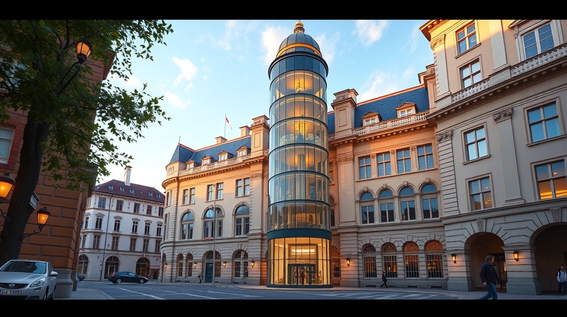 Hannover Új Városháza ferde liftje és építészeti részletei