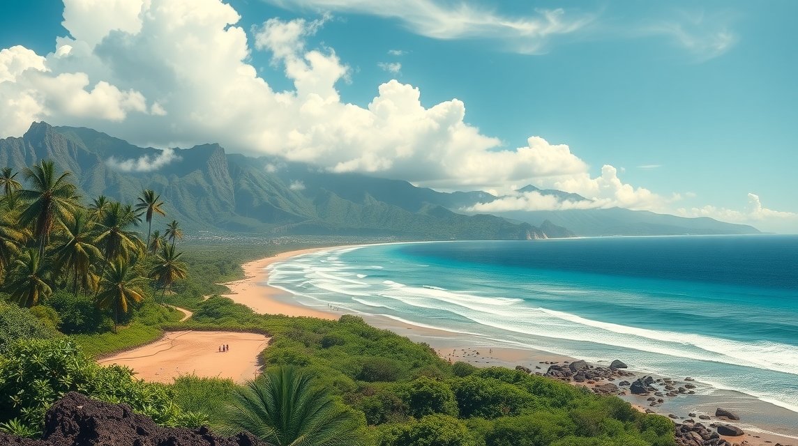 Hawaii trópusi tengerparti táj, pálmafákkal és hegyekkel.