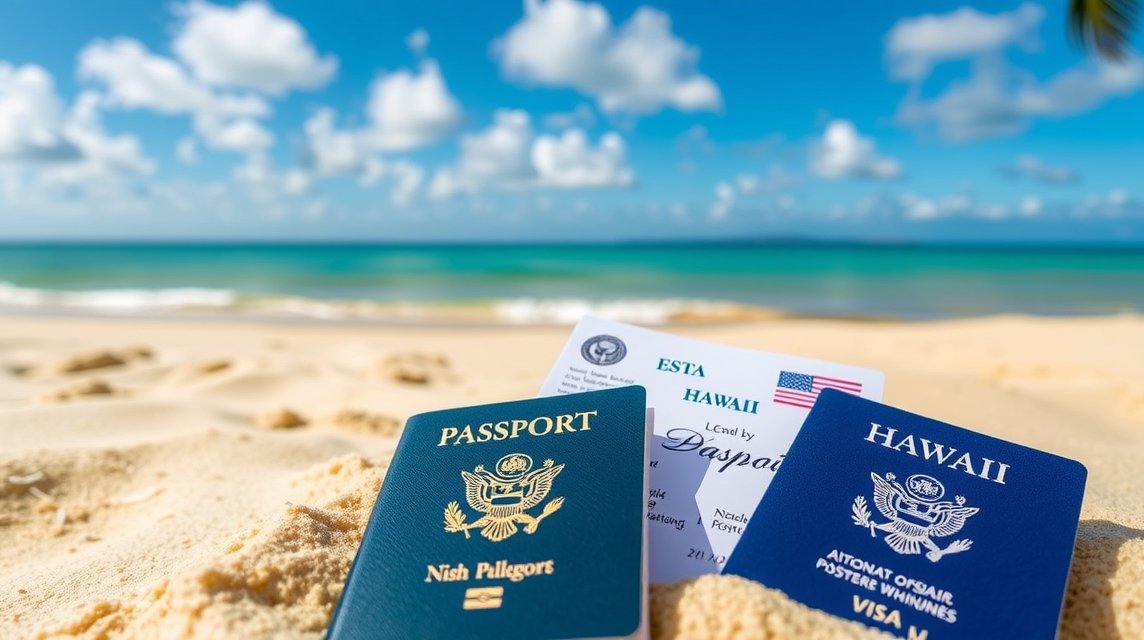 Hawaiira készülő utazók útlevele és ESTA dokumentuma tengerparton