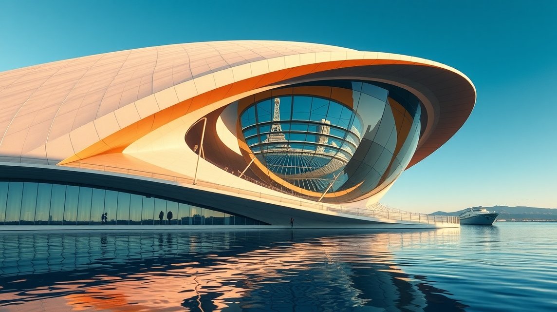 A Hemisfèric futurisztikus épülete Valencia központjában, vízparti kilátással.