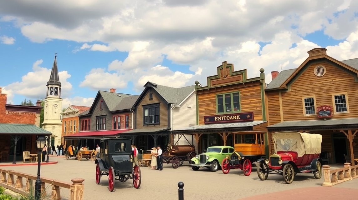 Heritage Park Historical Village történelmi épületei és régi autói
