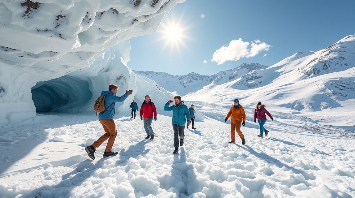 Csoport emberek jégbarlang előtt a Hintertux-gleccseren nyáron.