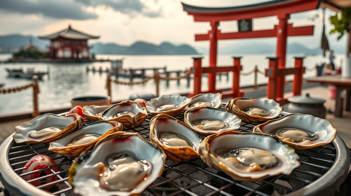 Grillezett osztriga Miyajimán, friss tenger gyümölcsei egyedi ízekkel.