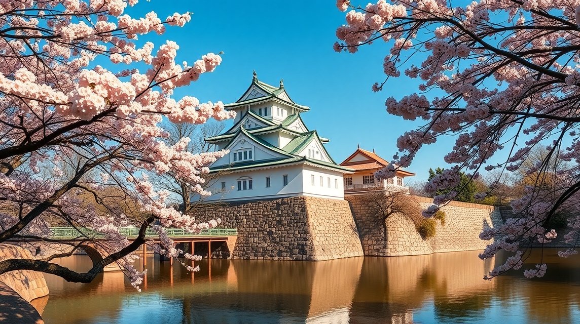 A Hirosimai várkastély, a Pontyvár virágzó cseresznyefákkal körülvéve