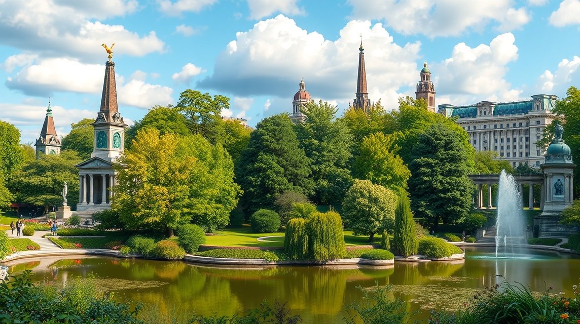 Düsseldorf Hofgarten park szökőkúttal és zöld tájjal