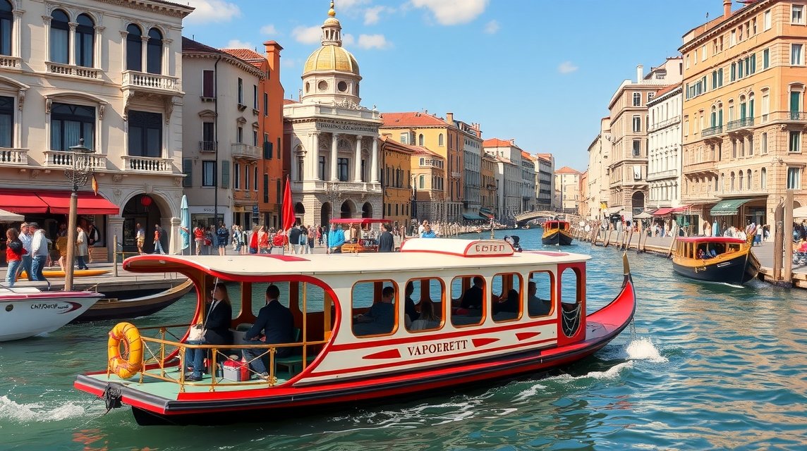 Vaporetto vízibusz Velencében, csodás házak mellett.