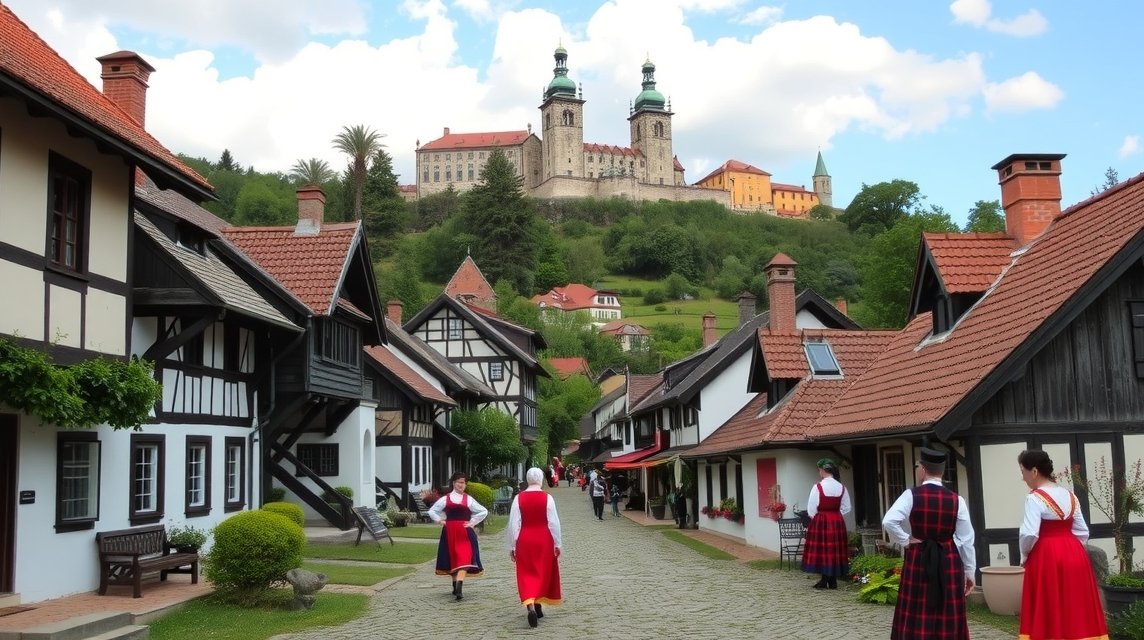 Hollókő falu népviseletbe öltözött látogatói az autentikus utcákon.