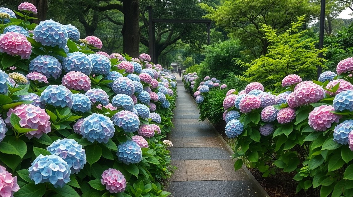 Színes hortenzia virágokkal díszített ösvény Kamakurában.