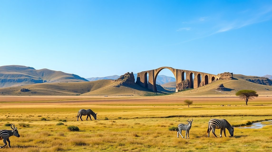 Kilenclyukú híd a Hortobágyi Nemzeti Park gyönyörű táján, zebrákkal körülvéve.