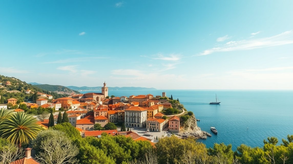 Panorámás nézet a horvátországi Isztria tengerpartjára és városára.