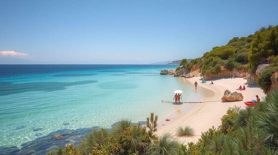 Csendes homokos tengerpart Horvátországban pálmafákkal és kristálytiszta vízzel.