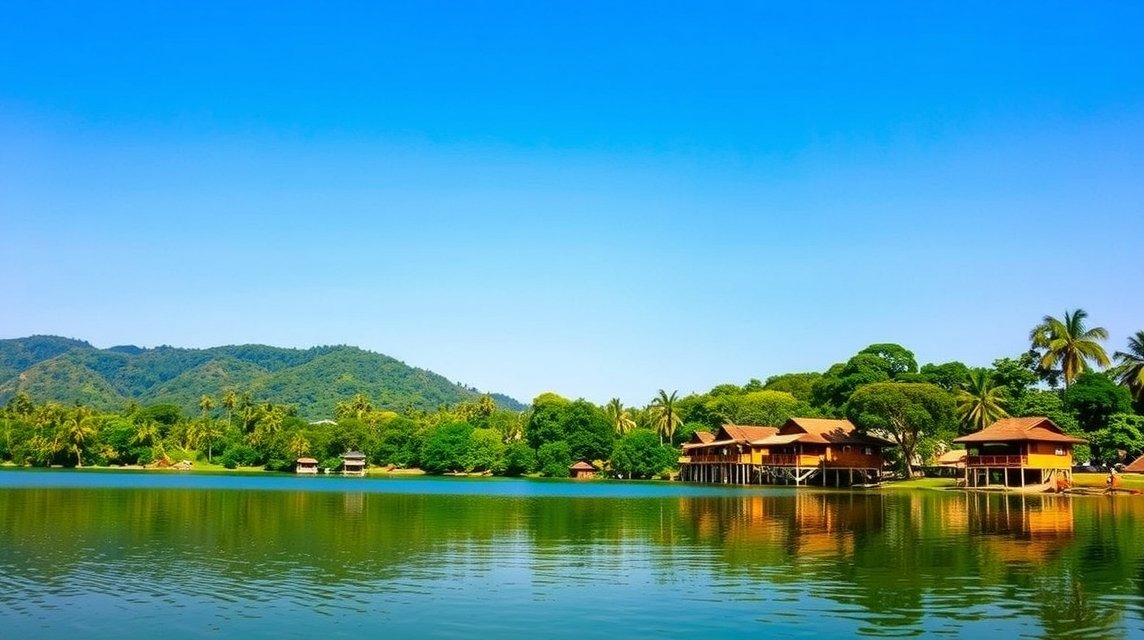 Chiang Mai látnivalók - Huay Tung Tao tó és a bambuszkunyhók 1 Huay Tung Tao tó bambuszkunyhókkal és hegyi háttérrel Chiang Maiban